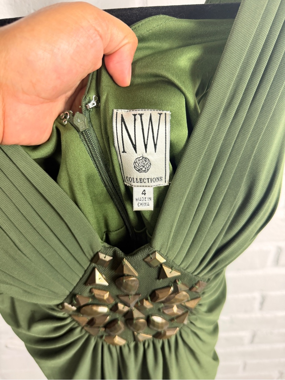 NW Collections Y2K Olive Green Cocktail Dress Size 4 Embellished Ruched - Picture 3 of 7
